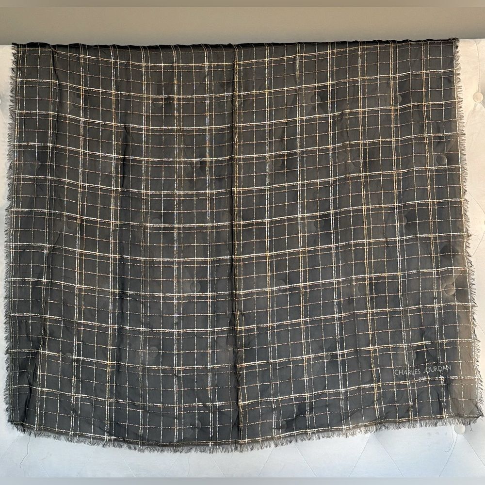 CHARLES JOURDAN Paris Black Gold Bronze Metallic Plaid Silk Fringe Square Scarf